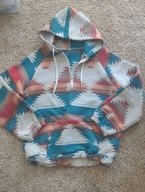 Aztec Pattern Half-Zip Hoodie in Teal, Rust & Cream